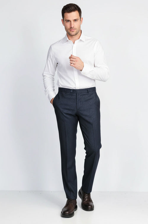 Navy Striped Modern Fit Dress Trousers – Wessi