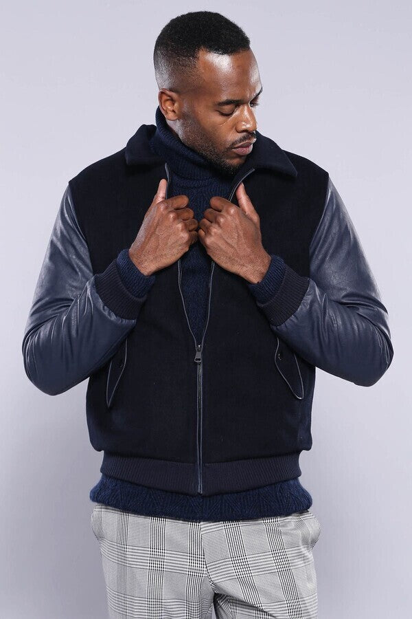Leather Sleeve Navy Blue Cachet Coat | Wessi