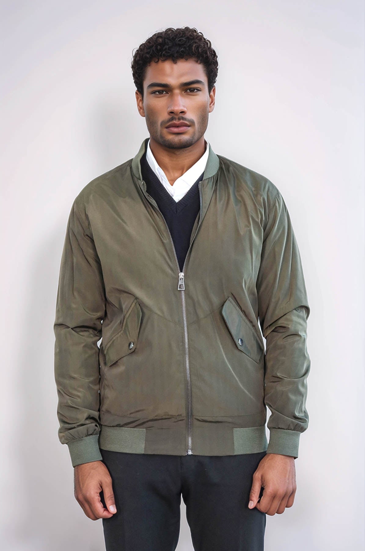 Zippered Flap Pockets Khaki Men Bomber Coat - Wessi