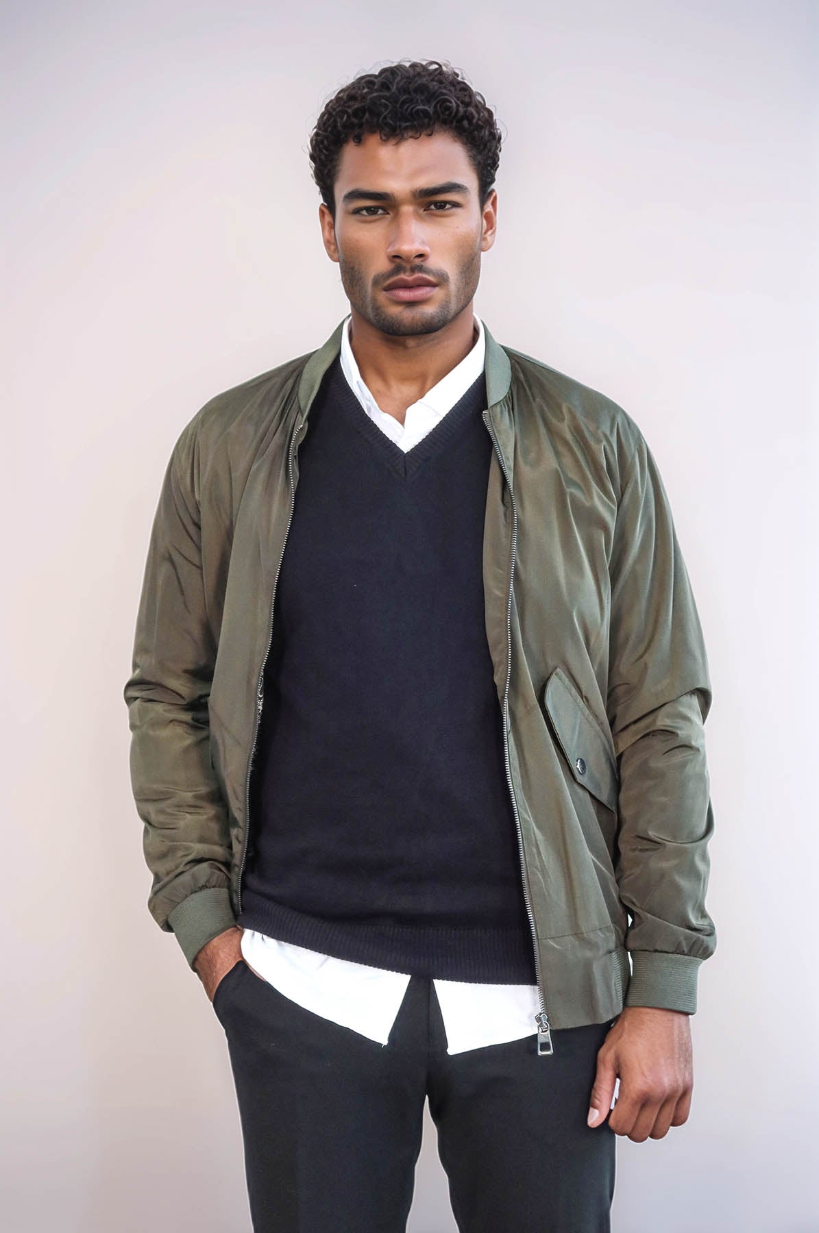 Zippered Flap Pockets Khaki Men Bomber Coat - Wessi
