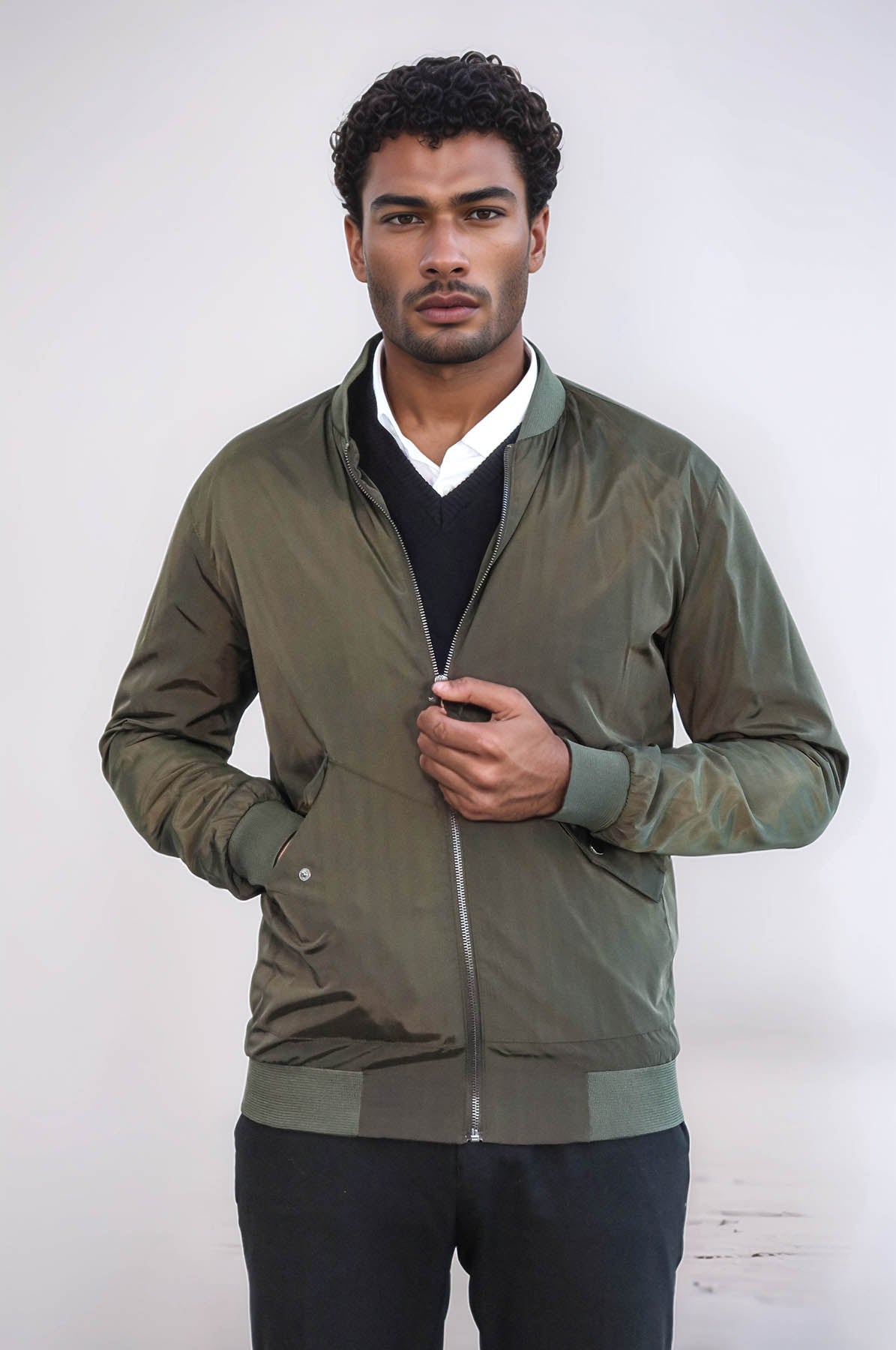 Zippered Flap Pockets Khaki Men Bomber Coat - Wessi