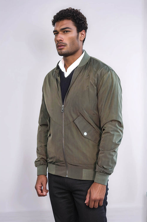 Zippered Flap Pockets Khaki Men Bomber Coat - Wessi