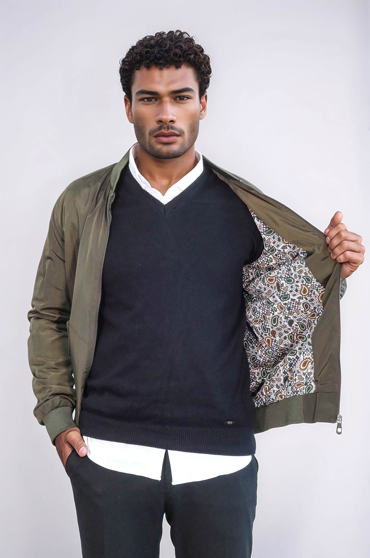 Zippered Flap Pockets Khaki Men Bomber Coat - Wessi