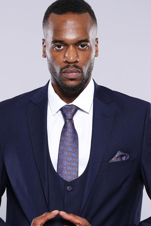 Navy Blue Plain 3-Piece Suit with Vest | Wessi