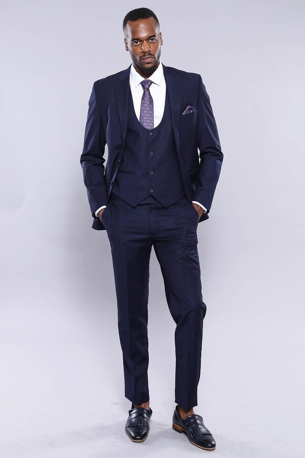 Navy Blue Plain 3-Piece Suit with Vest | Wessi