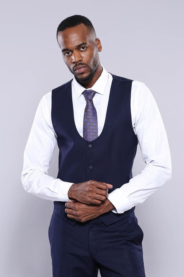 Navy Blue Plain 3-Piece Suit with Vest | Wessi