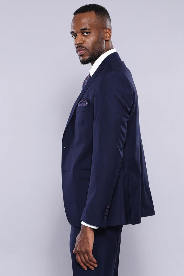 Navy Blue Plain 3-Piece Suit with Vest | Wessi