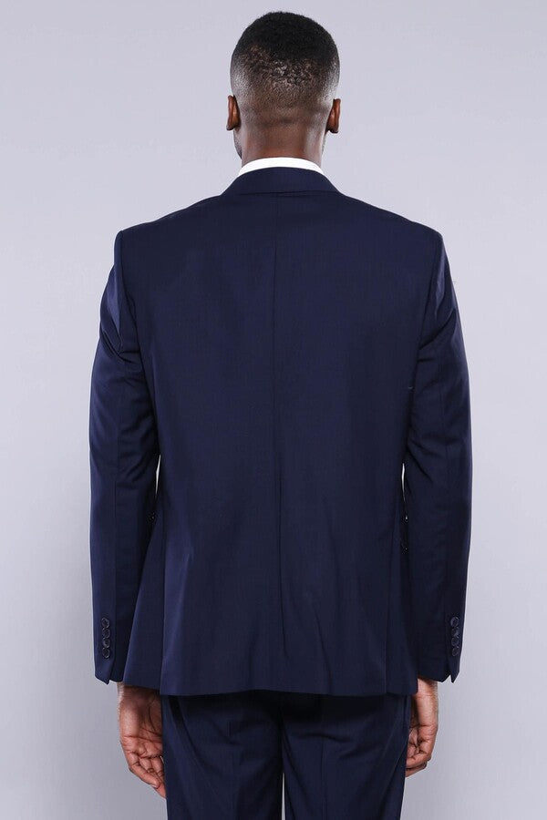 Navy Blue Plain 3-Piece Suit with Vest | Wessi