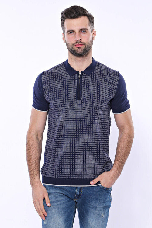 Navy Plaid Zippered Knitted Polo T-Shirt | Wessi