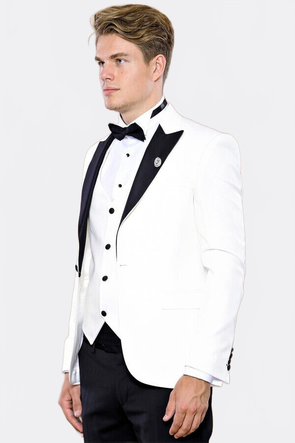 Peak Lapel 3 Piece White Tuxedo | Wessi