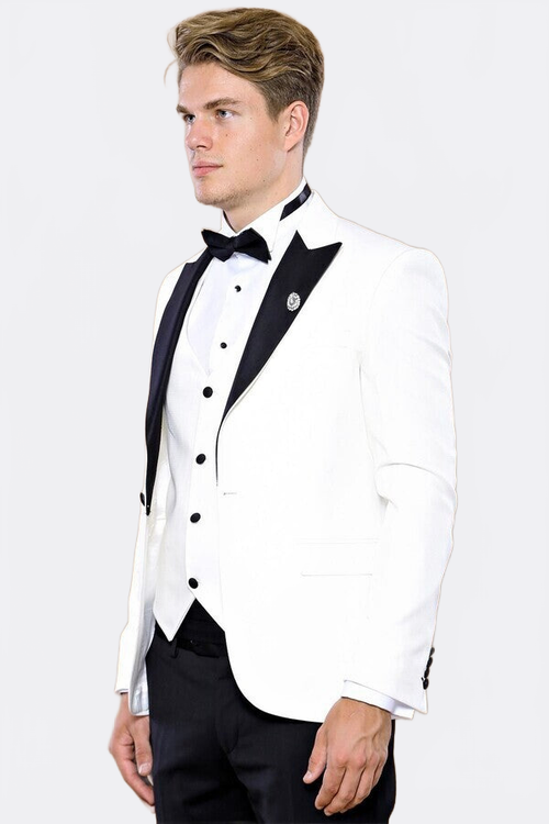 Peak Lapel 3 Piece White Tuxedo | Wessi