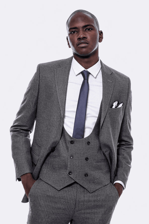 Striped Dark Beige Double Breasted Suit - Wessi