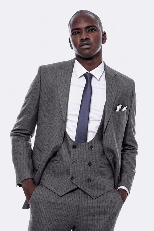 Striped Dark Beige Double Breasted Suit - Wessi