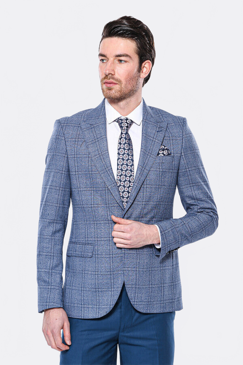 Checked Slim-Fit Single Button Blue Men Blazer - Wessi