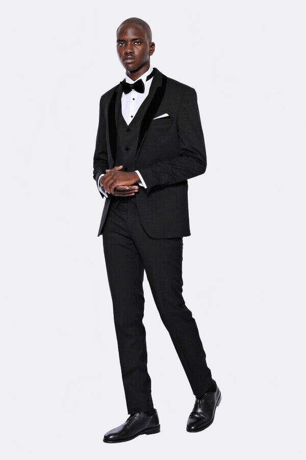 Patterned Velvet Lapel Black Men Tuxedo - Wessi