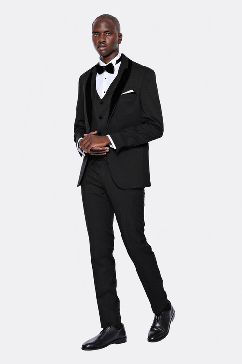 Patterned Velvet Lapel Black Men Tuxedo - Wessi