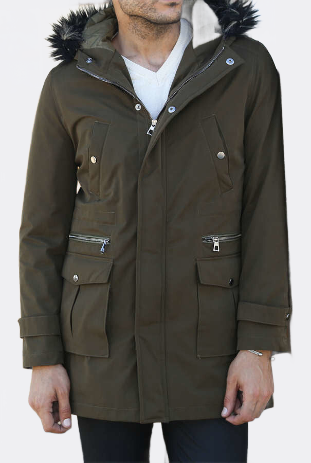 Fur Hooded Parka Khaki Men Coat - Wessi