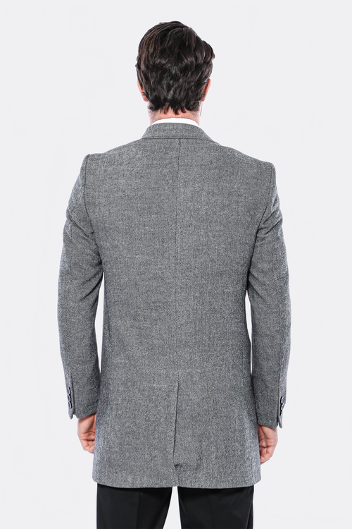 Cachet Peak Lapel Grey Men Long Coat - Wessi