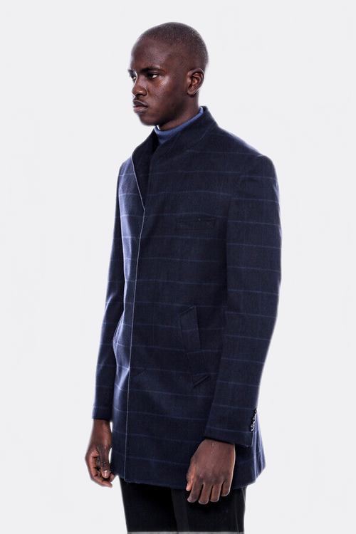 Mandarin Collar Navy Checked Coat - Wessi