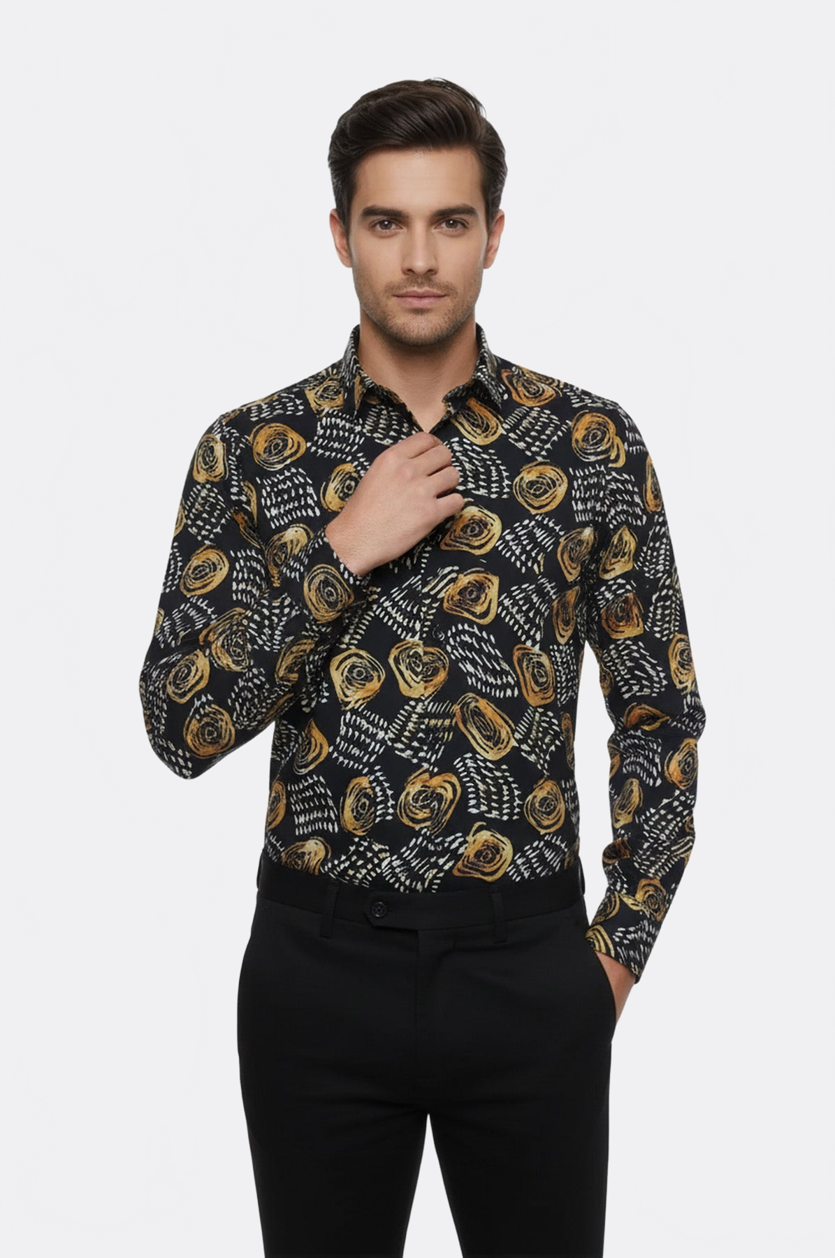 Floral Patterned Long Sleeves Slim Fit Black Men Shirt - Wessi