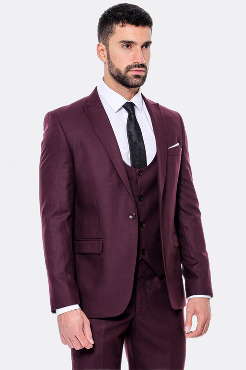 Plain Slim Fit Burgundy Men Suit - Wessi