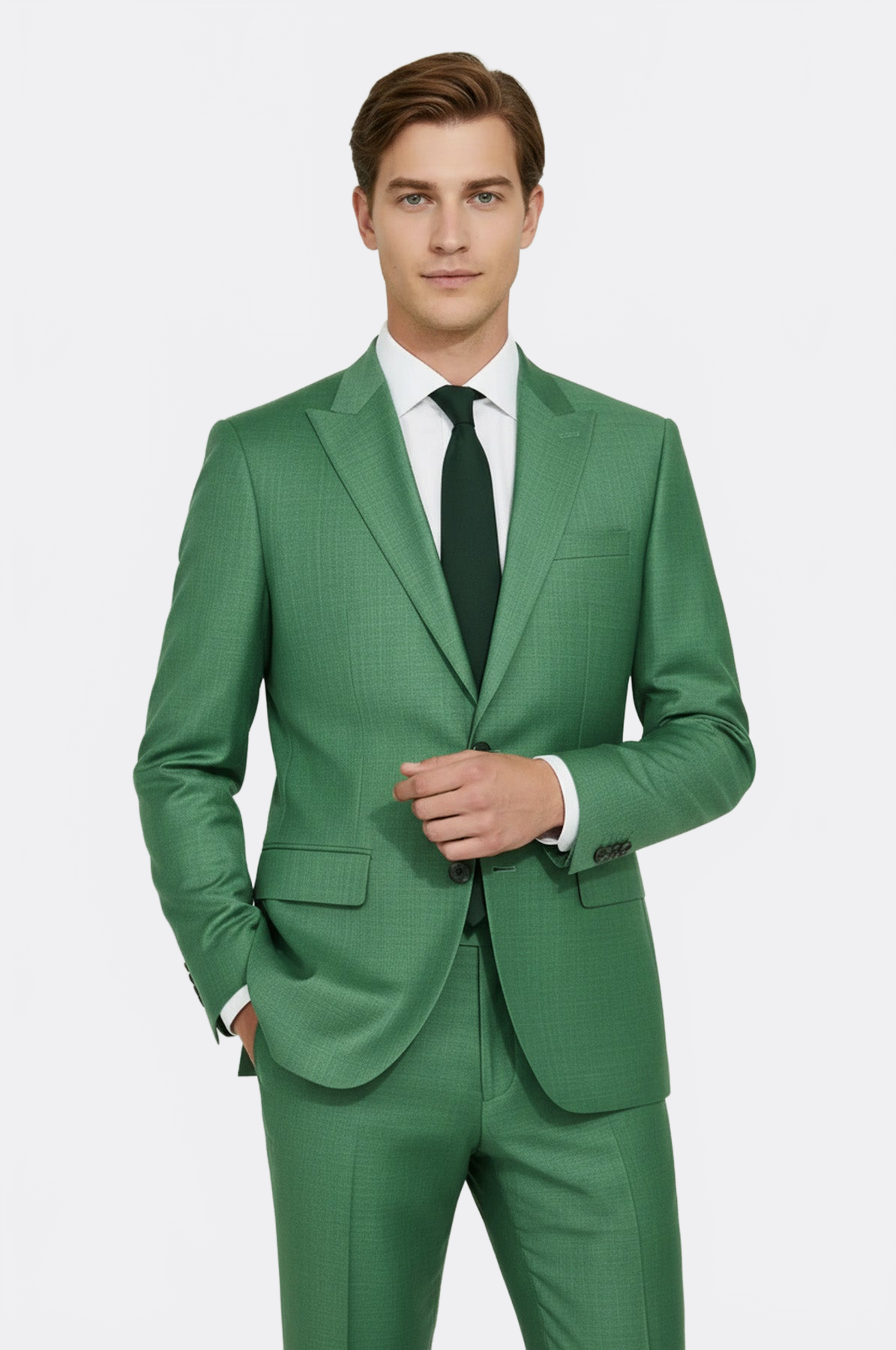 Two Piece Slim Fit Single Button Green Men Suit - Wessi