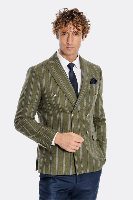 Wide Lapel Striped Double Breasted Green Men Blazer - Wessi