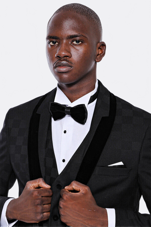 Plaid Slim Fit Black Men Tuxedo  - Wessi