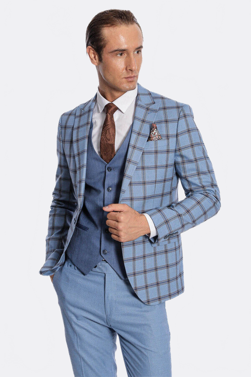 Checked Patterned Slim Fit Blue Men Suit - Wessi