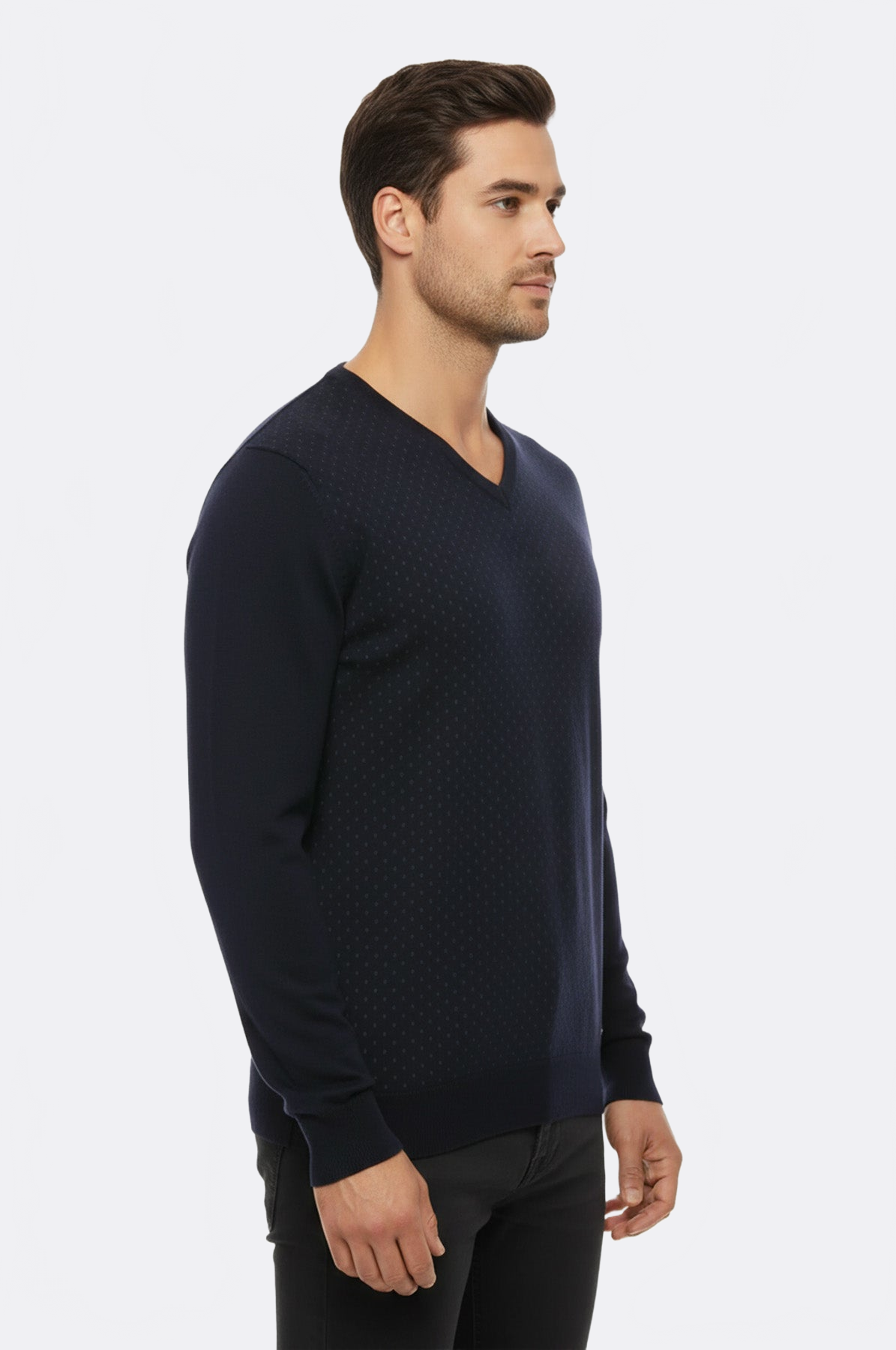 Dot Patterned V Neck Navy Blue Sweater - Wessi