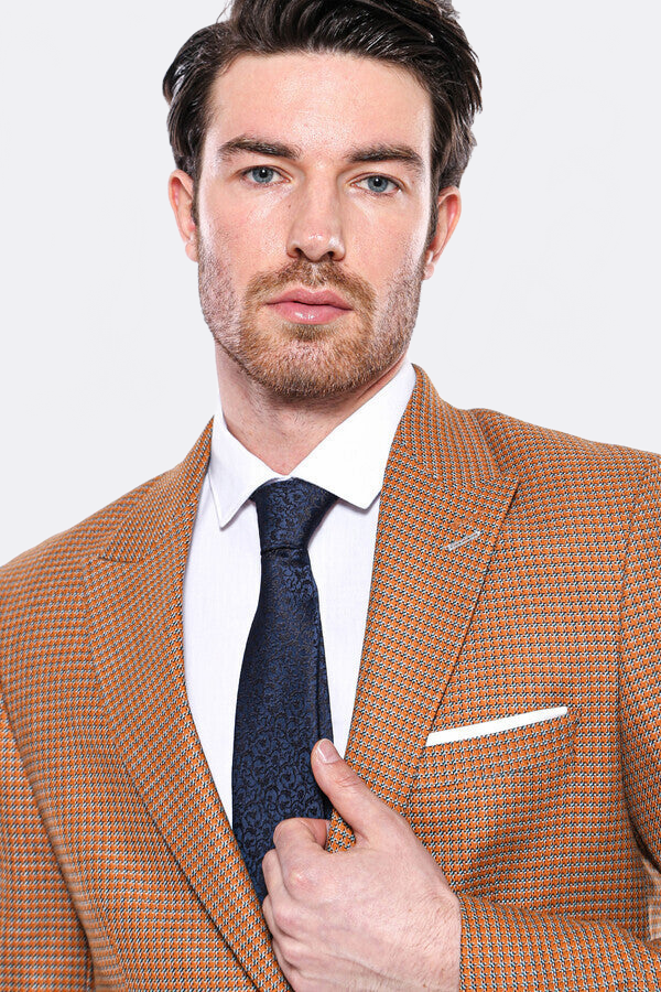 Patterned Orange Slim-Fit Blazer - Wessi