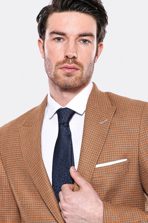Patterned Orange Slim-Fit Blazer - Wessi
