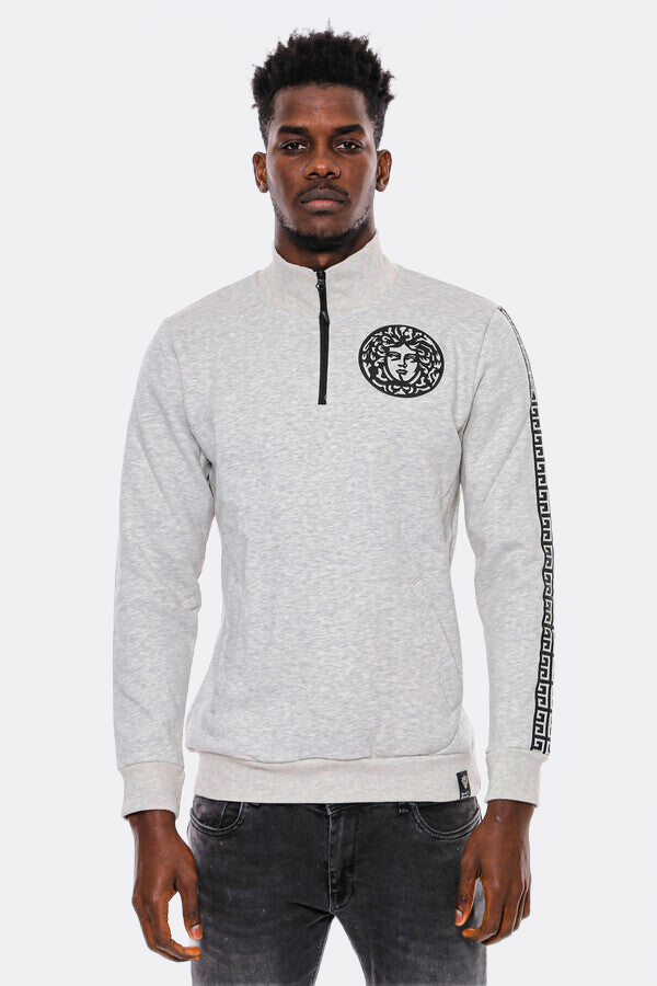 Mandarin Collar Patterned Grey Sweatshirt - Wessi