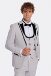 Velvet Lapel Vested Patterned Grey Men Tuxedo - Wessi