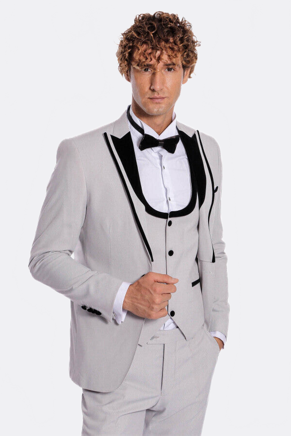 Velvet Lapel Vested Patterned Grey Men Tuxedo - Wessi