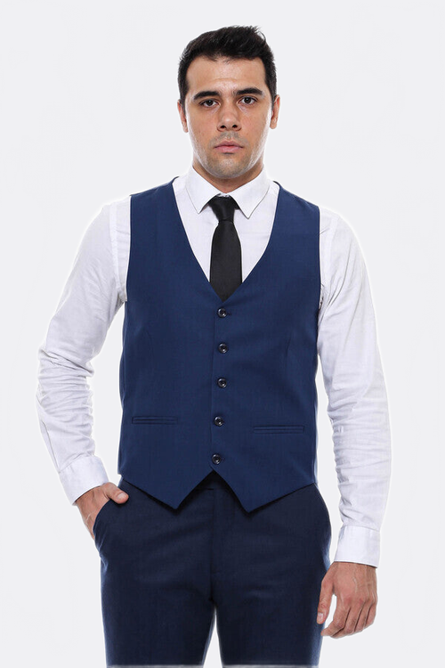 Plain Slim Fit Navy Blue Men Vest - Wessi