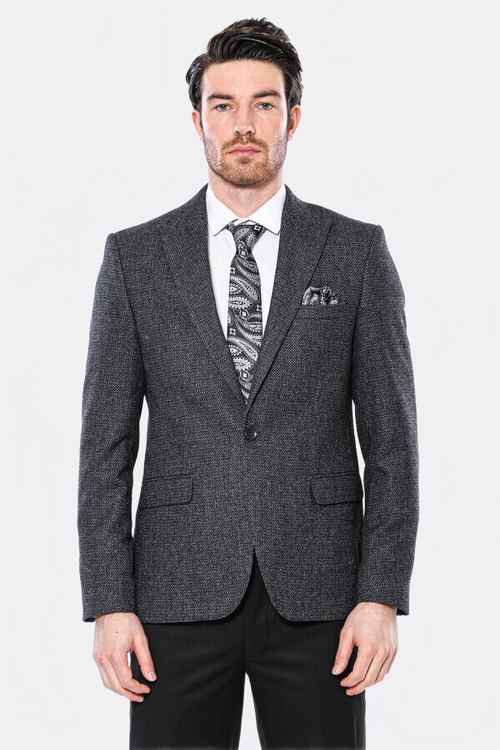 Peak Lapel Dark Grey Blazer - Wessi