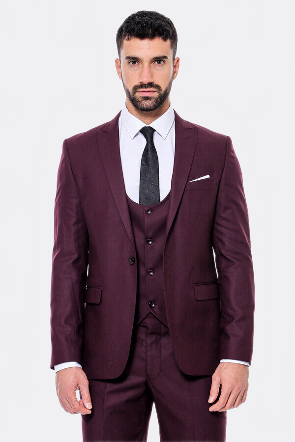 Plain Slim Fit Burgundy Men Suit - Wessi