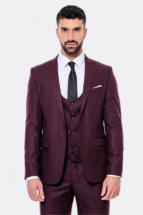 Plain Slim Fit Burgundy Men Suit - Wessi