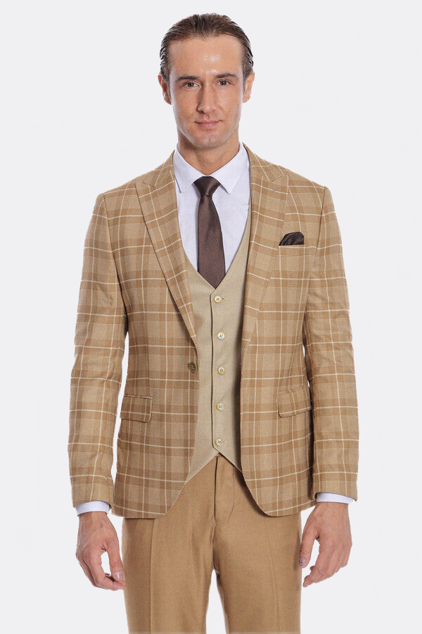 Slim Fit Checked Beige Men Suit - Wessi