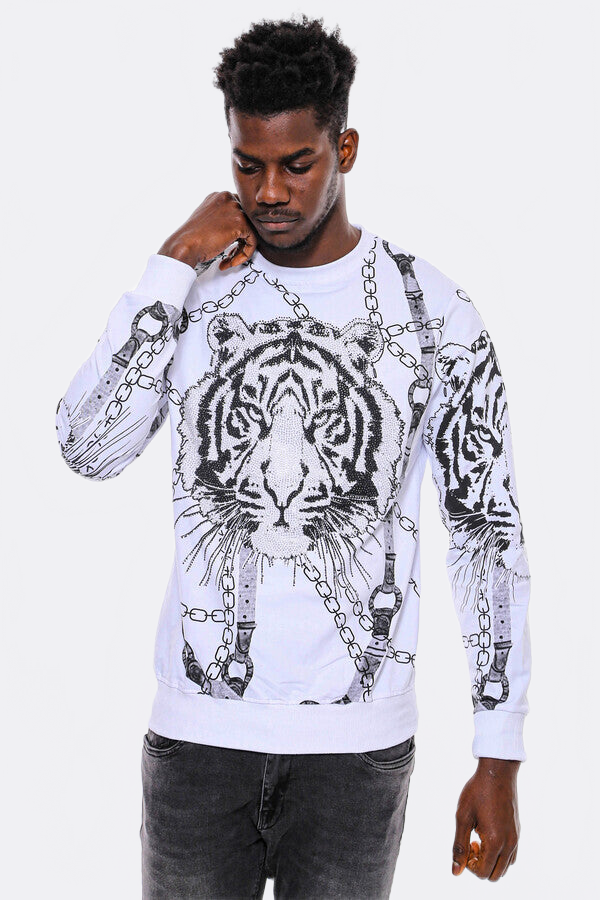Tiger Patterned Slim Fit White SweatshirtTiger Patterned Slim Fit White Sweatshirt - Wessi