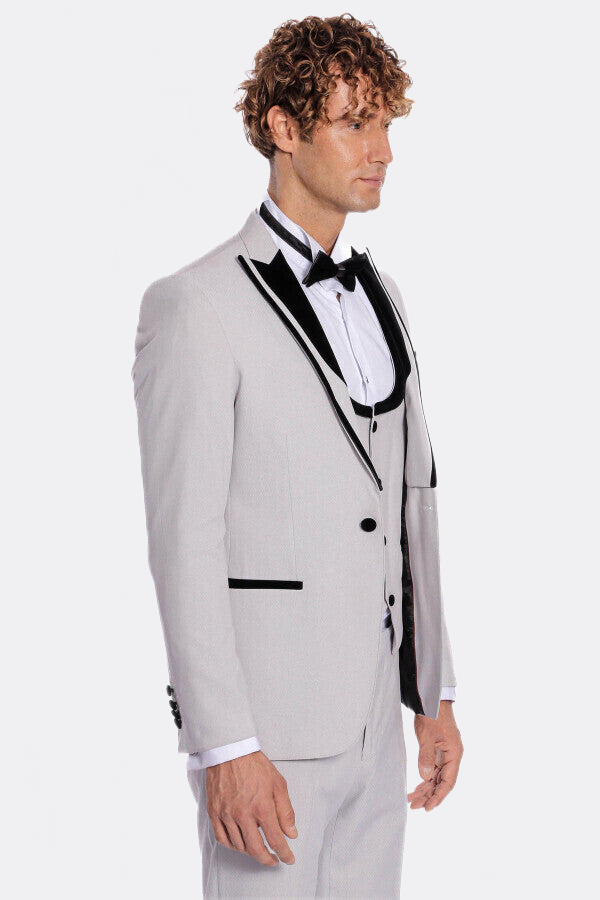 Velvet Lapel Vested Patterned Grey Men Tuxedo - Wessi