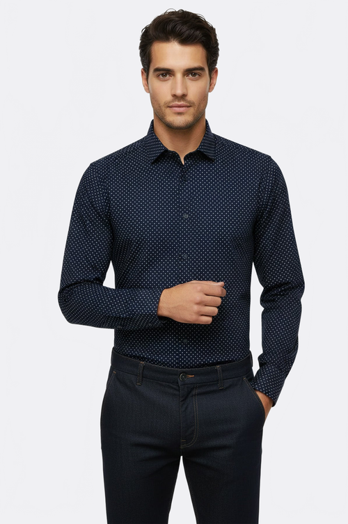 Damask Pattern Slim Fit Long Sleeves Blue Men Shirt - Wessi