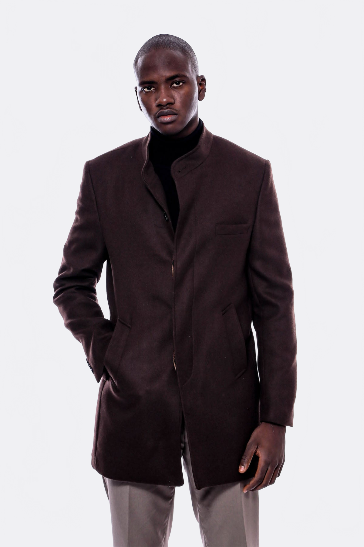Mandarin Collar Brown Cachet Coat - Wessi