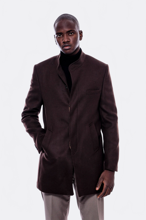 Mandarin Collar Brown Cachet Coat - Wessi