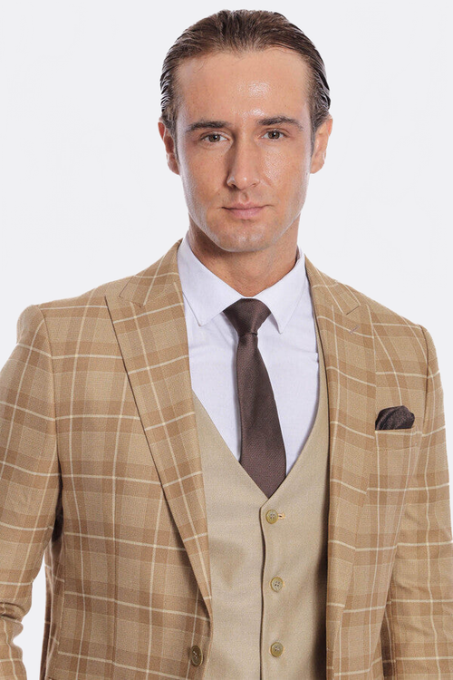 Slim Fit Checked Beige Men Suit - Wessi