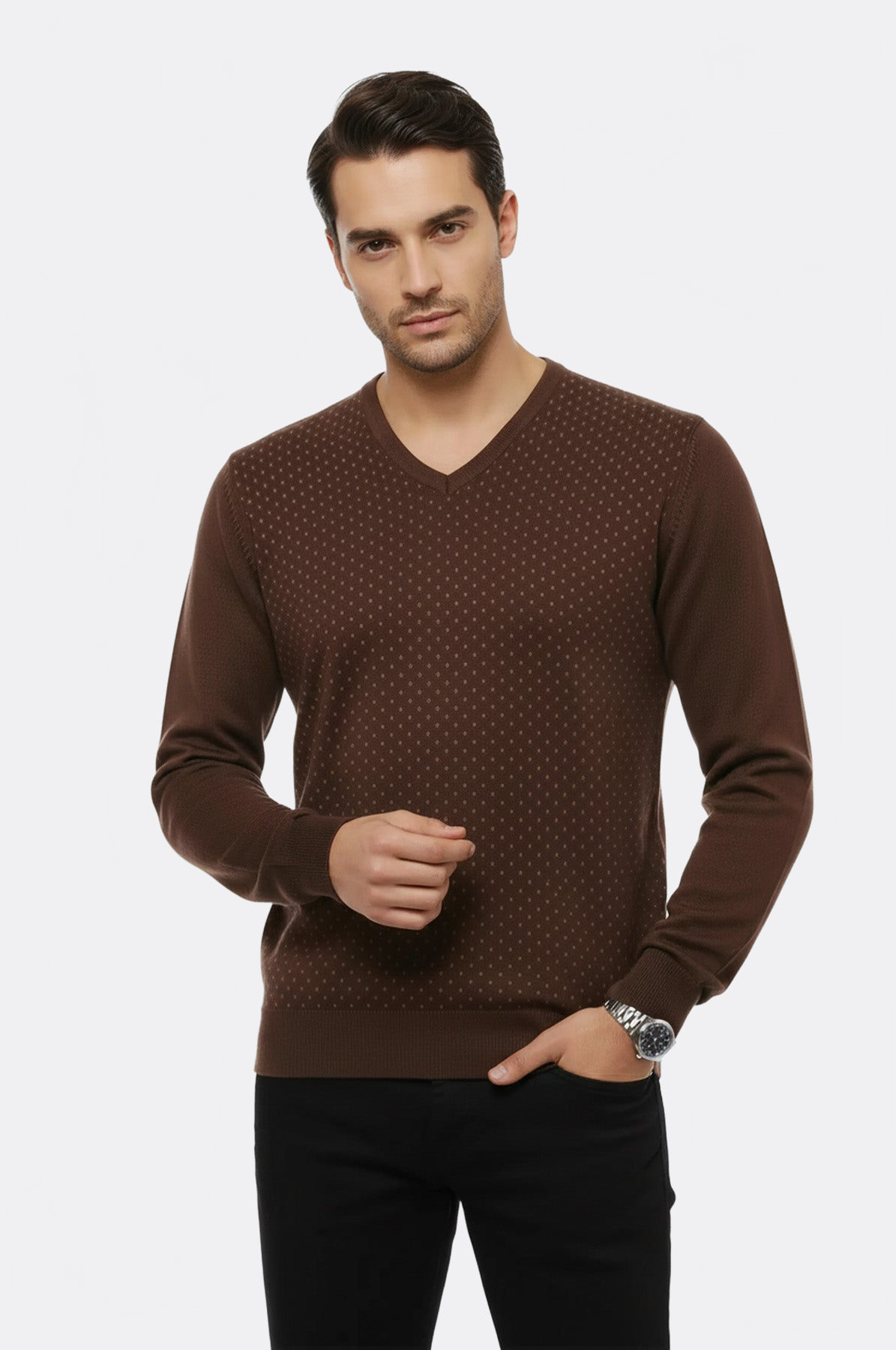 Light Brown Dot Patterned V Neck Sweater - Wessi
