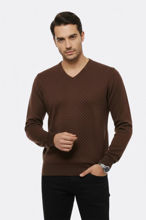 Light Brown Dot Patterned V Neck Sweater - Wessi