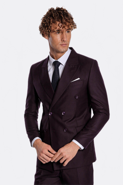 Double Breasted Plain Wide Lapel Purple Men Suit - Wessi