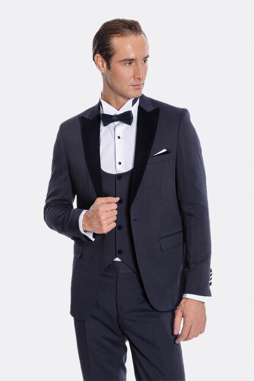 Velvet Lapel Slim Fit Navy Blue Men Tuxedo - Wessi